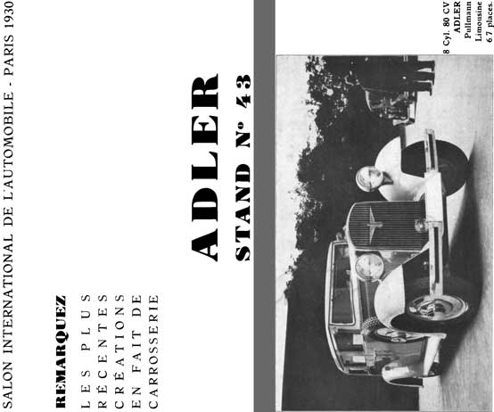 Adler 1930 - Adler Stand No. 43 - Salon International De L'Automobile - Paris 1930 (in French)