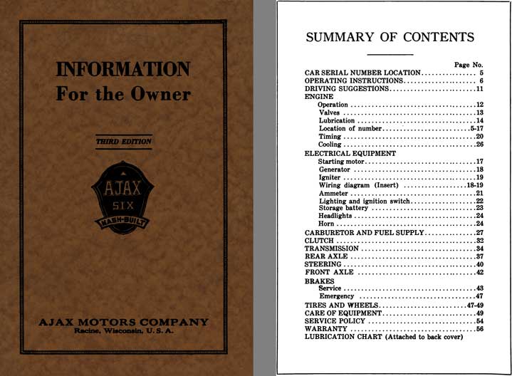Ajax 1926 - 1926 Ajax Six - Information For the Owner Ajax Six Nash Built Third Edition Owner Manual