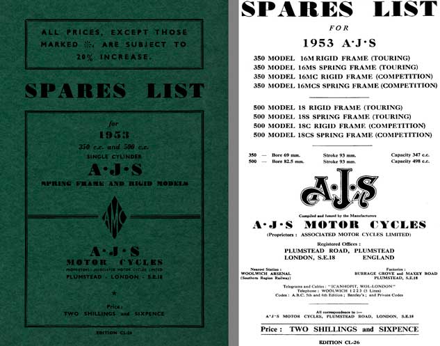 AJS 1953 Spring Frame and Rigid Models - AJS Spares List for 1953 350cc and 500cc Single Cylinder