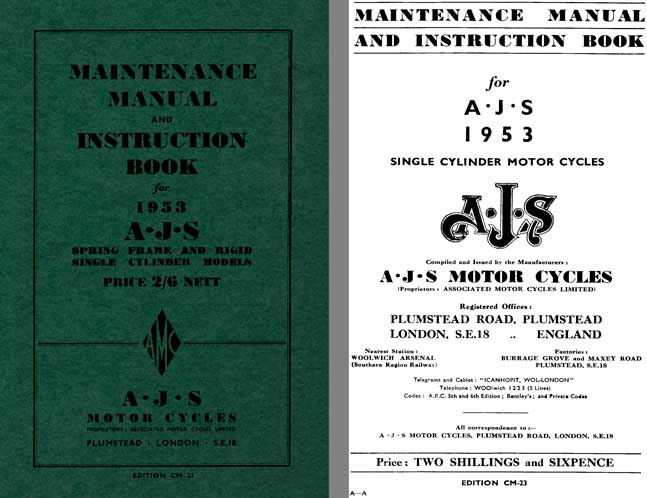 AJS Motor Cycles 1953 Spring & Rigid Frame - Maintenance Manual and Instruction Book for 1953 AJS