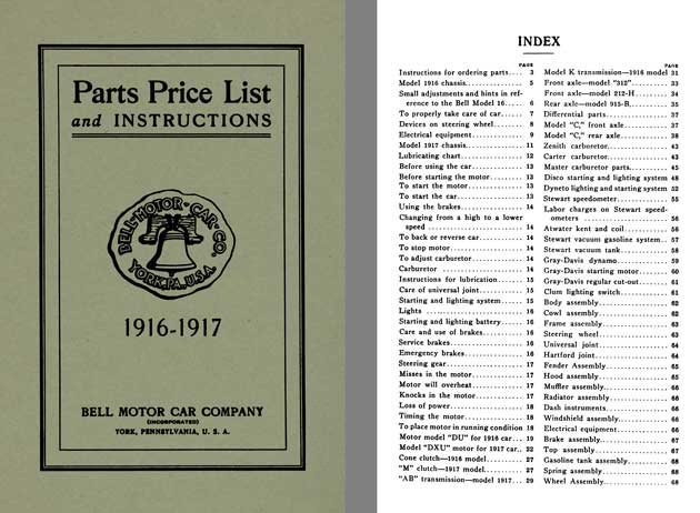 Bell Motor Car 1916 & 1917 - Parts Price List and Instructions