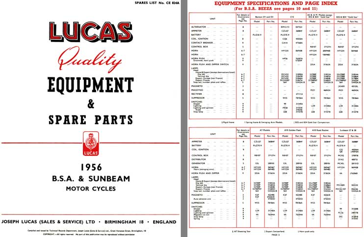 BSA & Sunbeam Motorcycles 1956 - Lucas Quality Equipment & Spare Parts
