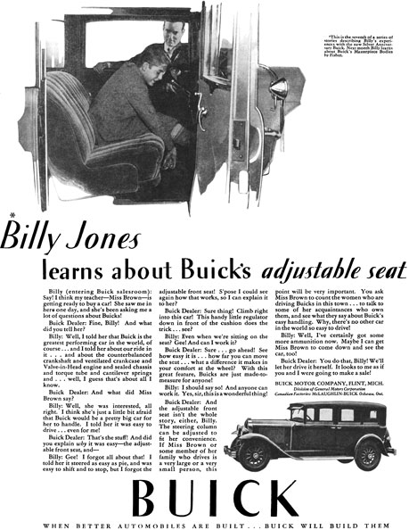 Buick 1929 - Buick Ad - Bill Jones learns about Buick's adjustable seat