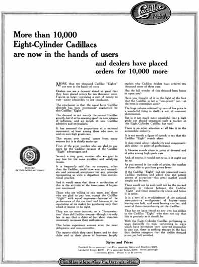Cadillac 1915 - Cadillac Ad - More than 10,000 Eight Cylinder Cadillacs are now in the hands of user