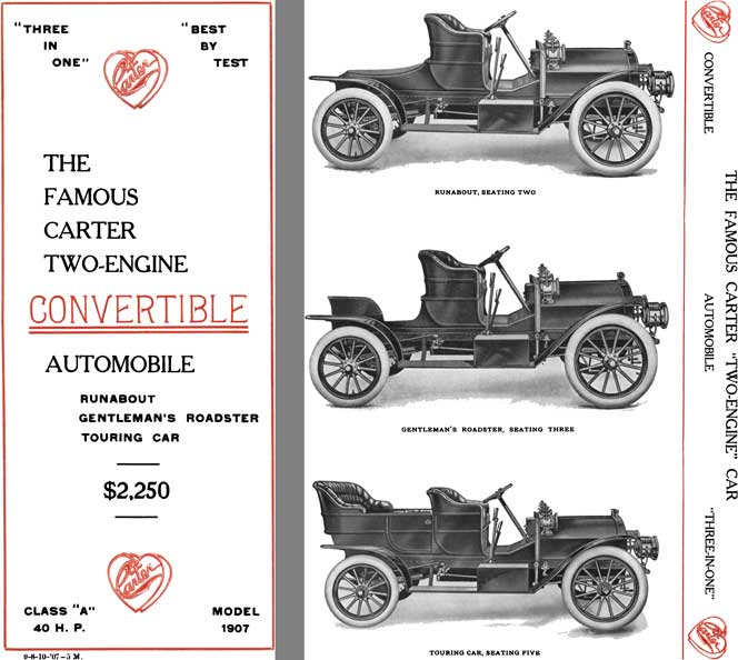 Carter 1907 - The Famous Carter Two-Engine Convertible Automobile Runabout, Roadster, Touring Car