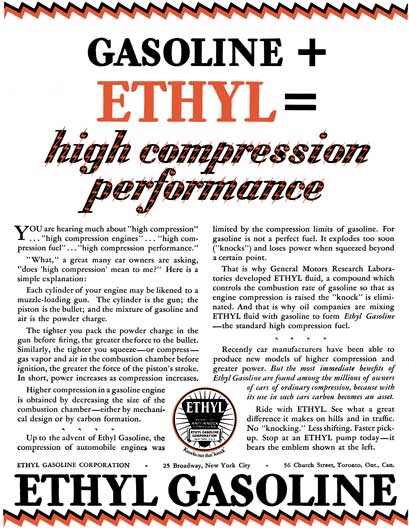 Ethyl 1928 - Ethyl Gasoline Ad - Gasoline + Ethyl = high compression performance