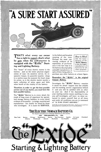 Exide 1916 - Exide Ad - A Sure Start Assured - The Exide Starting & Lighting Battery