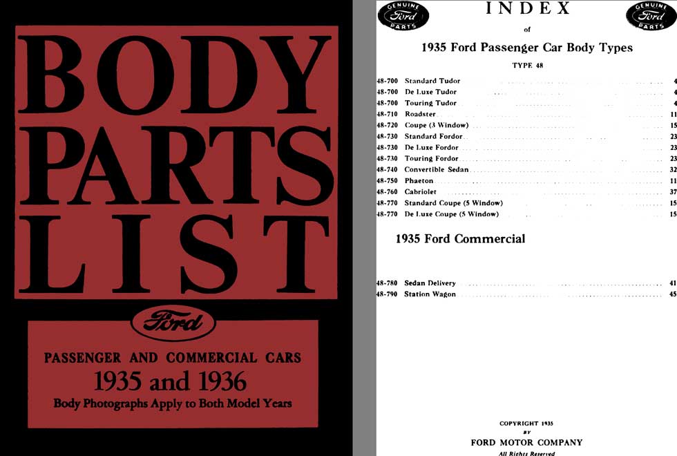 Ford 1935 & 1936 Body Parts List Passenger & Commercial Cars