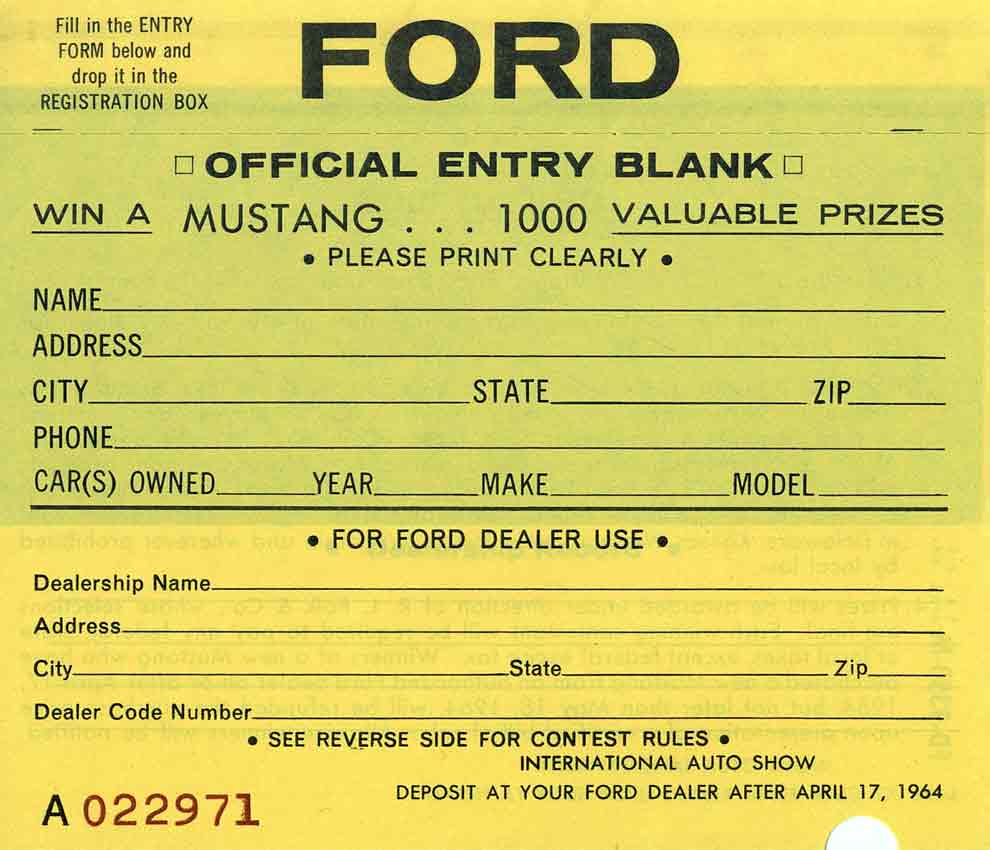 Ford 1964 Official Entry Blank - International Auto Show April 17, 1964