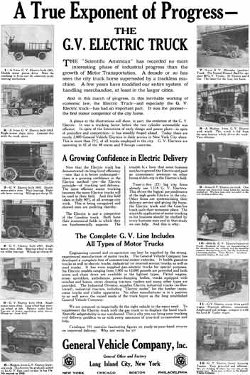 General Vehicle 1915 - G.V. Electric Truck Ad - A True Exponent of Progress - The GV Electric Truck