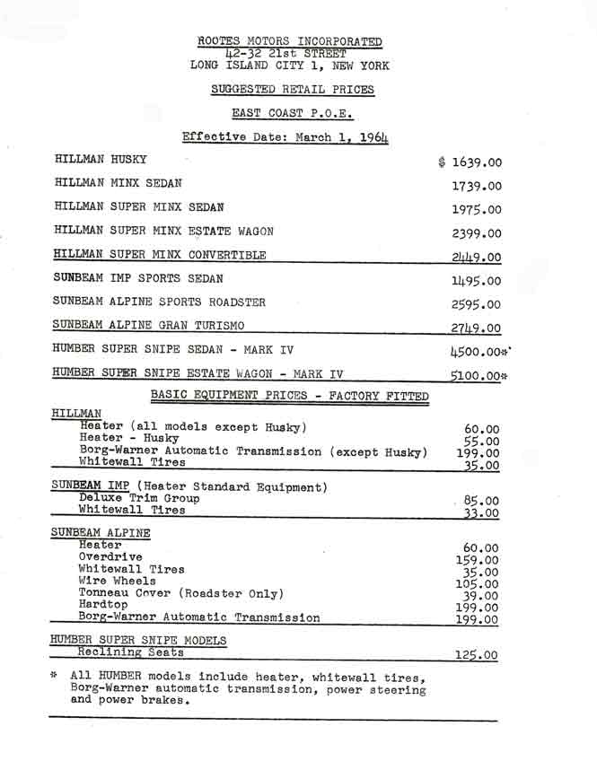Rootes Motors Inc. - Hillman 1965 Retail Price List