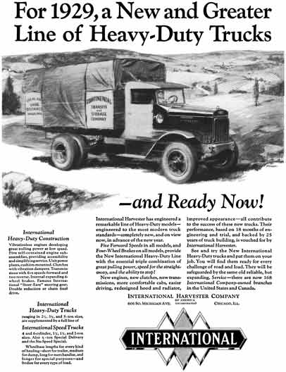 International Harvester 1929 - International Truck Ad - For 1929, a New and Greater Line of Heavy-Duty Trucks