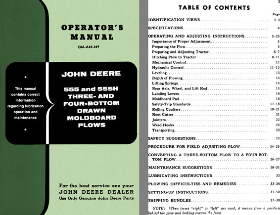 John Deere 555 and 555H Three and Four Bottom Drawn Moldboard Plows Operators Manual OM-A69-659