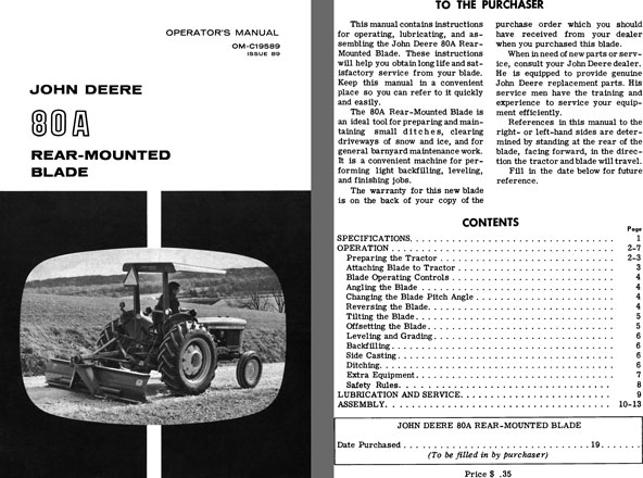 John Deere 80A Rear-Mounted Blade Operators manual OM-C19589 Issue B9