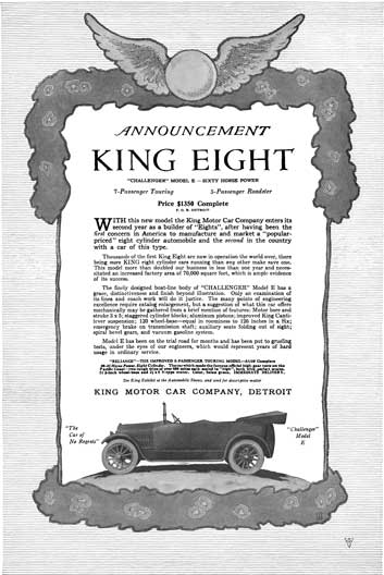 King Motor 1916 - King Ad - Announcement King Eight Challenger Model E - Sixty Horse Power
