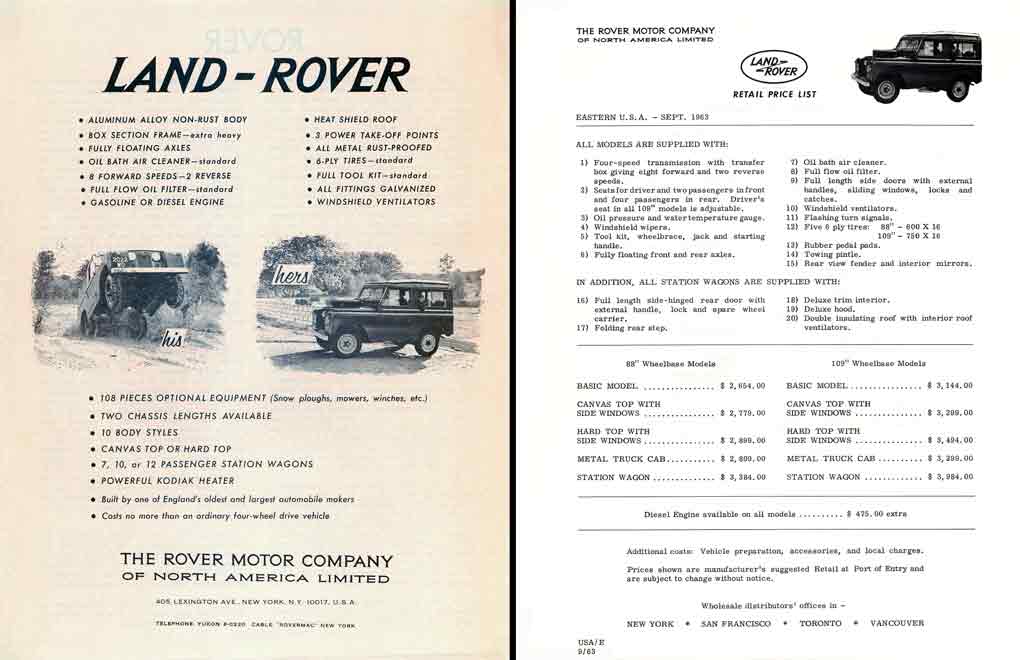 Land Rover 1963 - his / hers - Rover History 1 pg - Price List