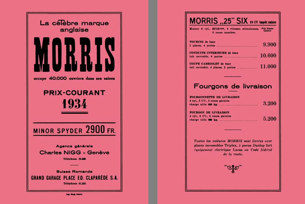 Morris 1934 - Price List - Morris Prix Courant 1934 - Morris Minor Spyder 2900 FR. (in French)