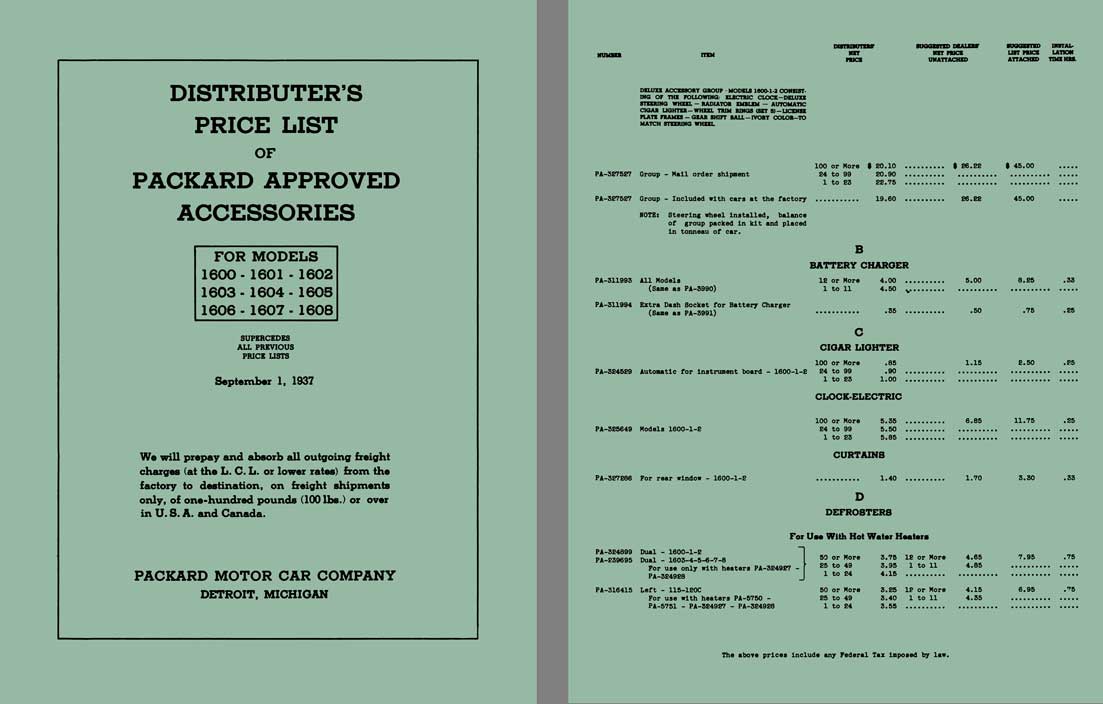 Packard 1937 - Packard Distributor's Price List of Packard Approved Accessories - September 1, 1937