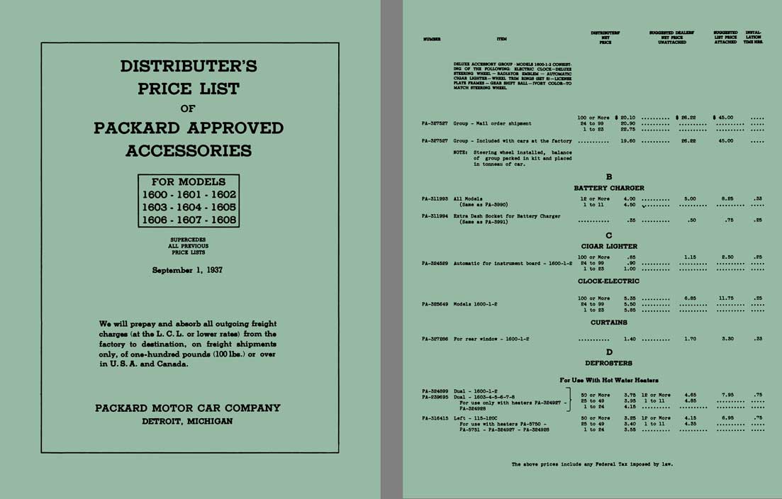Packard 1938 - Packard Distributor's Price List of Packard Approved Accessories - September 1, 1937