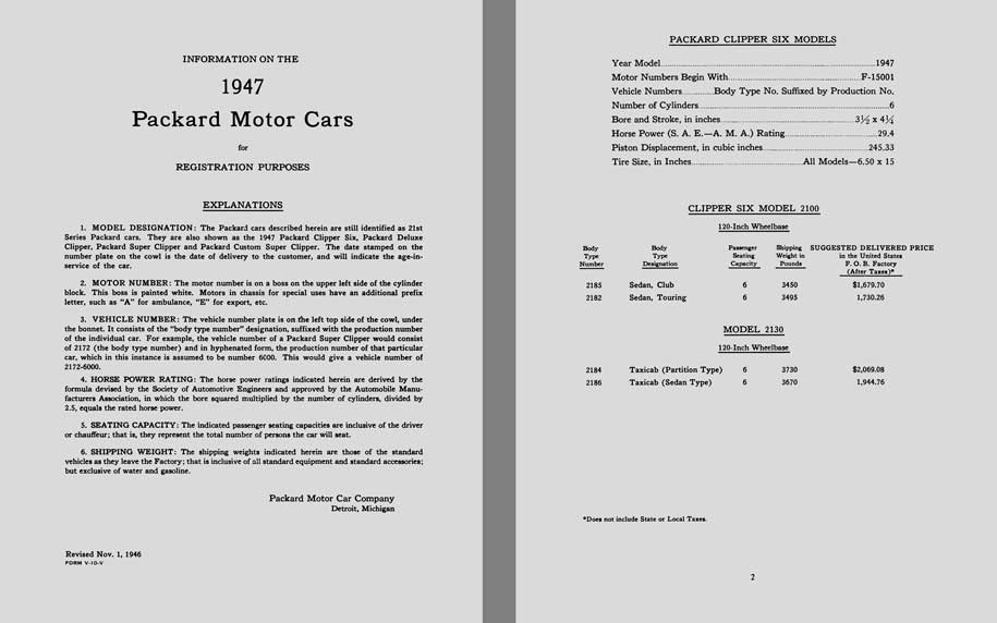 Packard 1947 - Information on the 1947 Packard Motor Cars for Registration Purposes