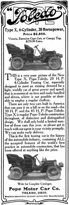 Pope Motor c1929 - Pope Toledo Ad - Type X, 4 Cylinder, 20 Horsepower, Price $2,800