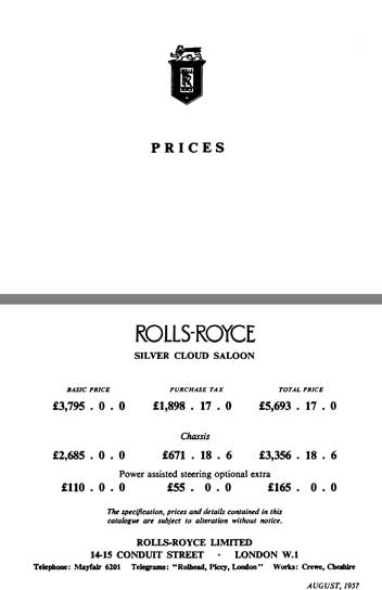 Rolls Royce 1957 - Rolls Royce Prices August 1957