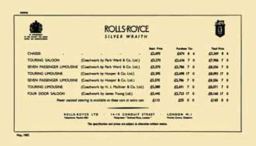 Rolls Royce 1957 - Rolls Royce Silver Wraith Price List (May 1957)