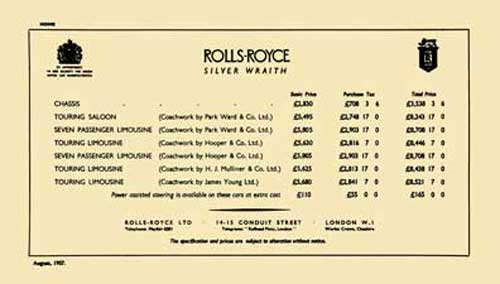 Rolls Royce 1957 - Rolls Royce Silver Wraith Price List (August 1957)
