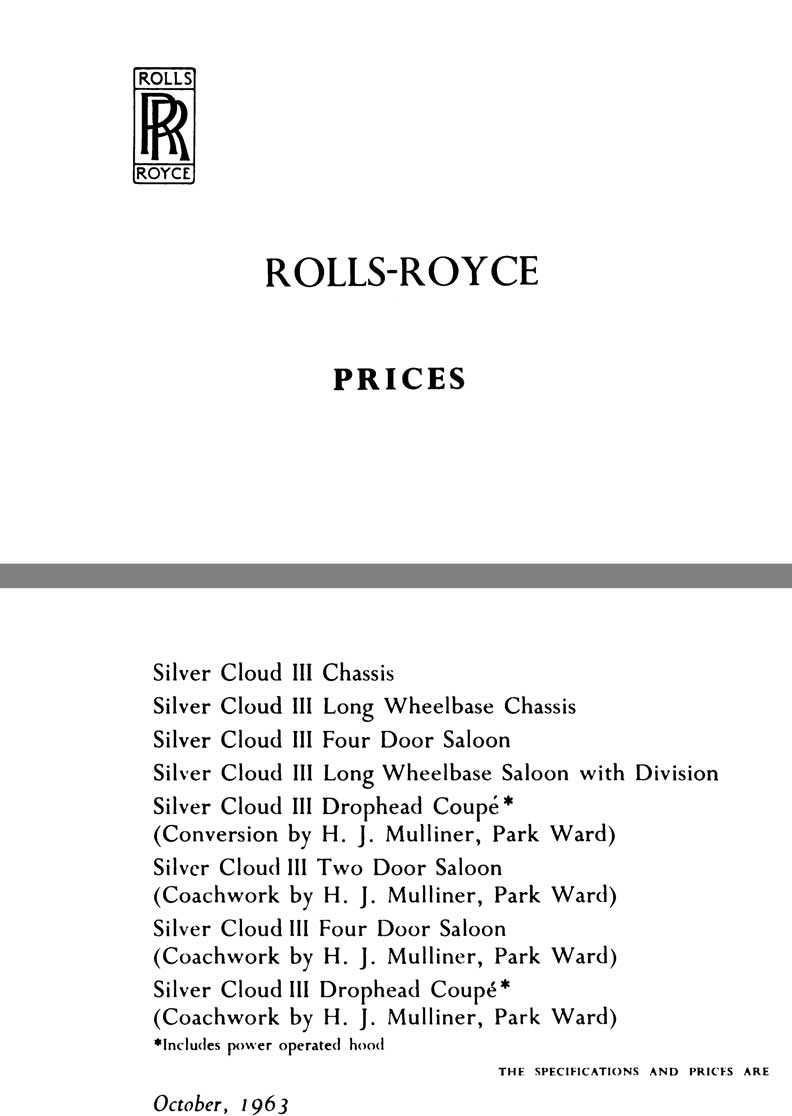 Rolls Royce 1963 - Rolls Royce Prices (Silver Cloud III) October 1963