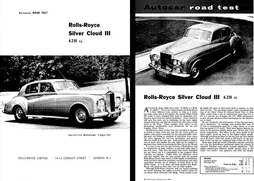 Silver Cloud III Rolls Royce 1963 - Auto Car Road Test