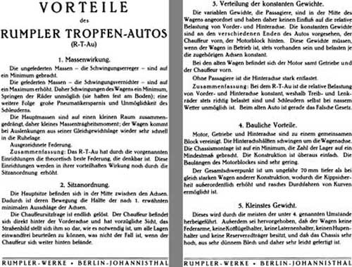 Rumpler 1925 - Vorteile des Rumpler Tropfen-Autos (In German)