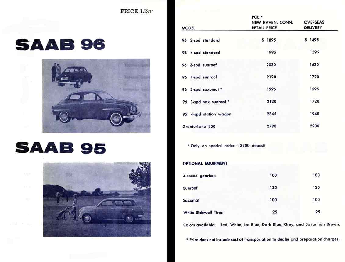 Saab 96 & Saab 95 Price List (c1960)