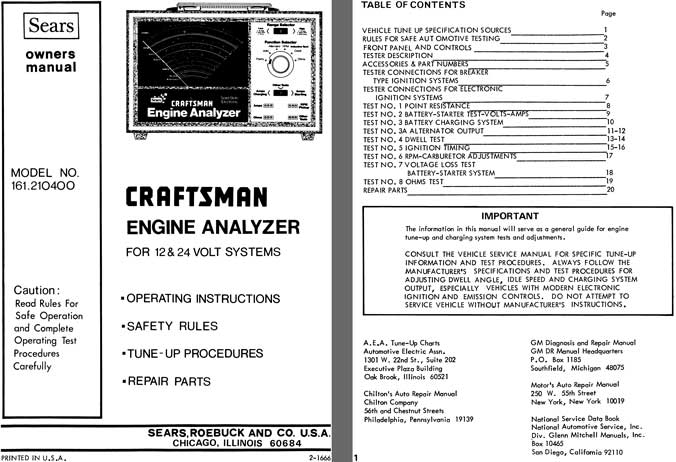 Sears Craftsman Engine Analyzer for 12 & 24 Volt Systems Owners Manual (Model No. 161.210400)