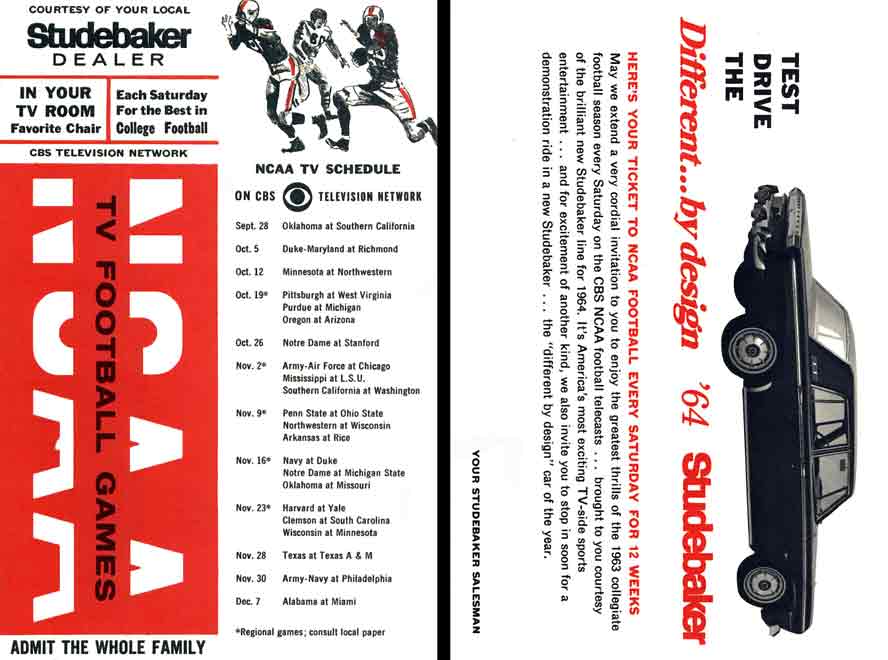 Studebaker 1964 - Courtesy of your local Studebaker Dealer - NCAA TV Schedule Football