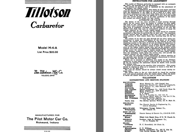 Tillotson 1926 - Tilloston Carburetor Model H-4-A (Mfg for Pilot Motor Car Co)