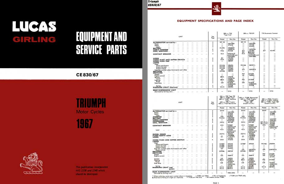 Triumph Motorcycle 1967 - Lucas Girling CE830/67 Equipment & Service Parts