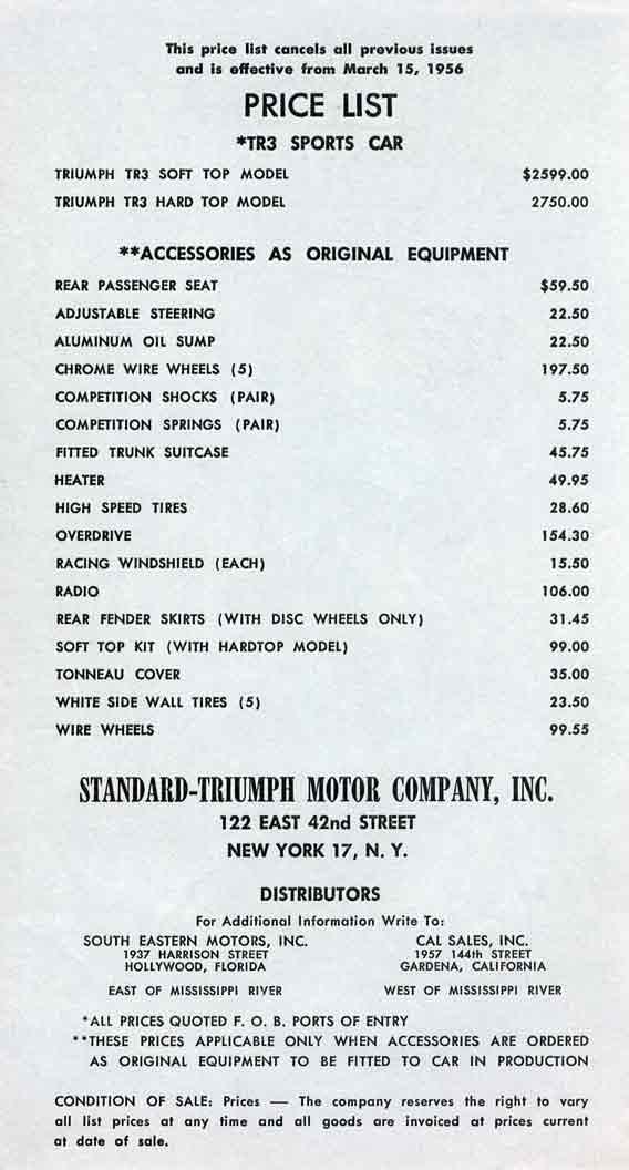 Triumph TR3 Sports Car 1956 Price List