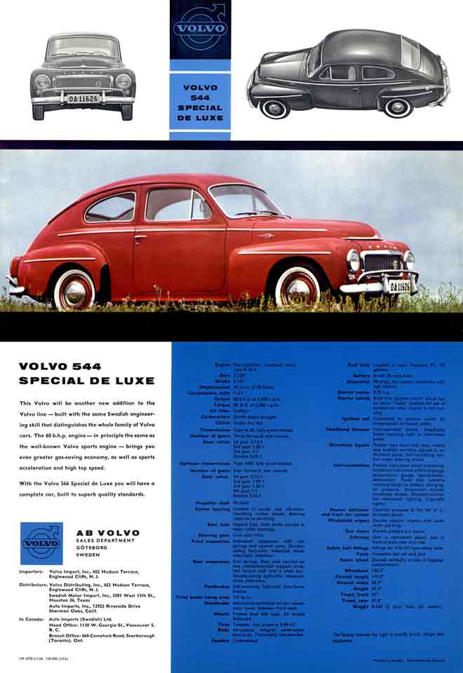 Volvo 544 Special De Luxe (c1960) - Spec Sheet