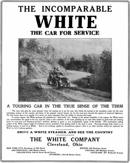 White 1908 - White Car Ad - The Incomparable White - The Car for Service - Drive a White Steamer
